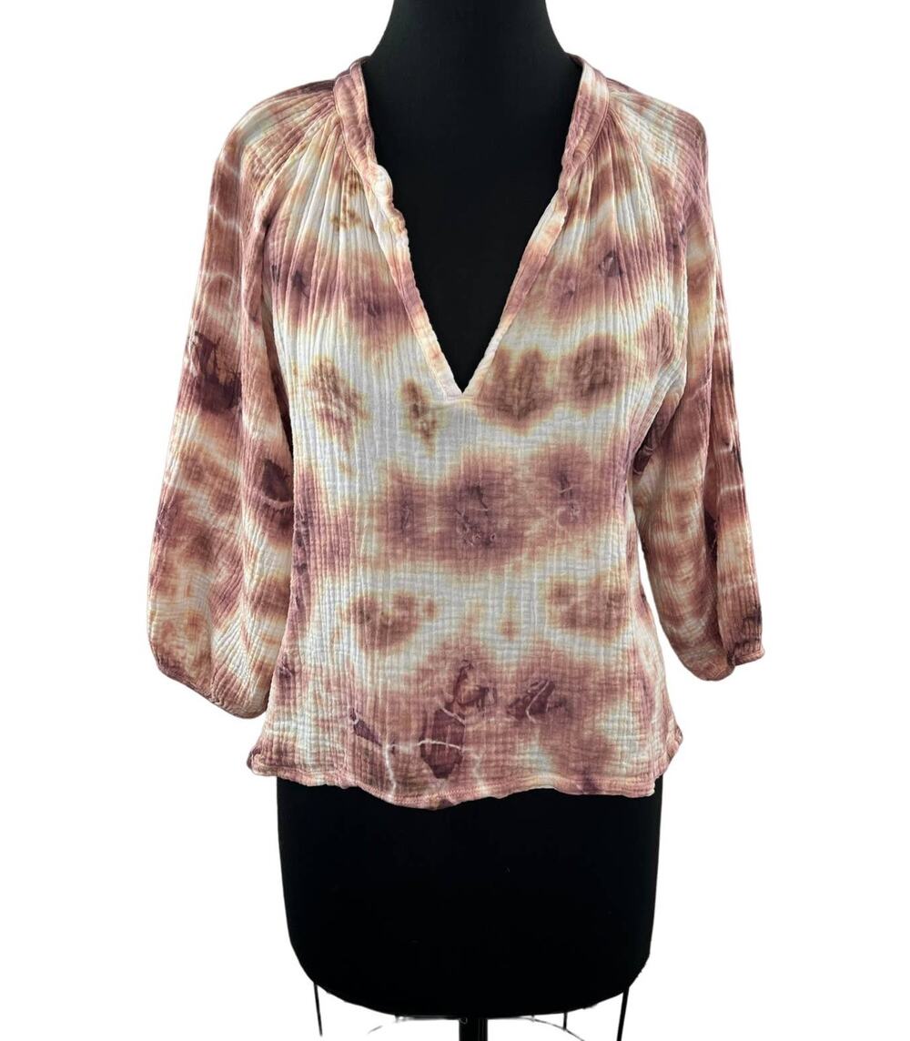 Nation LTD HARTLY Brown XS Tie Dye Mimi Romance Top Cotton V-Neck 3/4 Sleeve